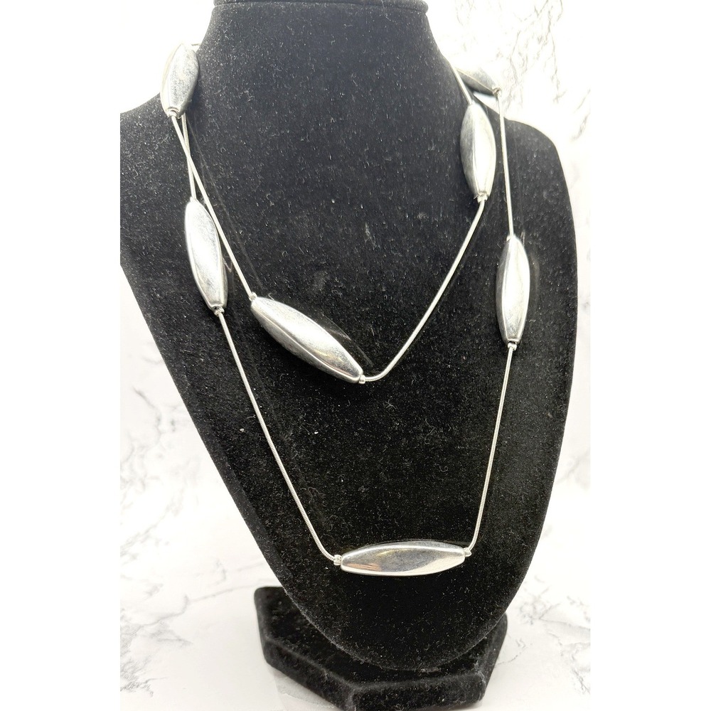 Long Silver Sculptural Bead Necklace 36" Modernist Snake Chain